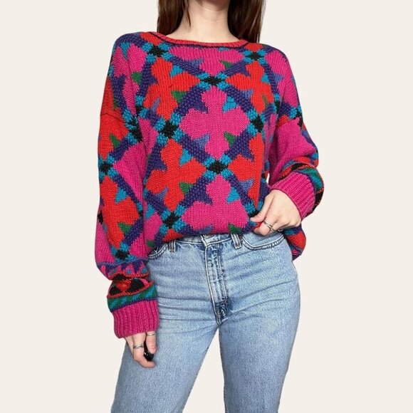80s/90s funky patterned vintage geometric colorful vibrant knit sweater Large - Picture 1 of 8